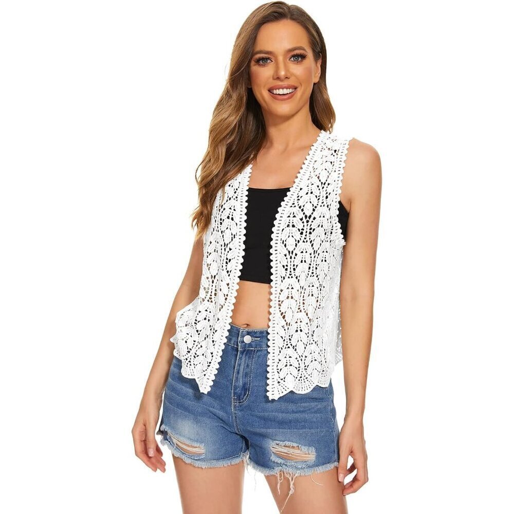 Womens Cotton Crochet Lace Trim Sleeveless Open Front Cardigan Lightweight